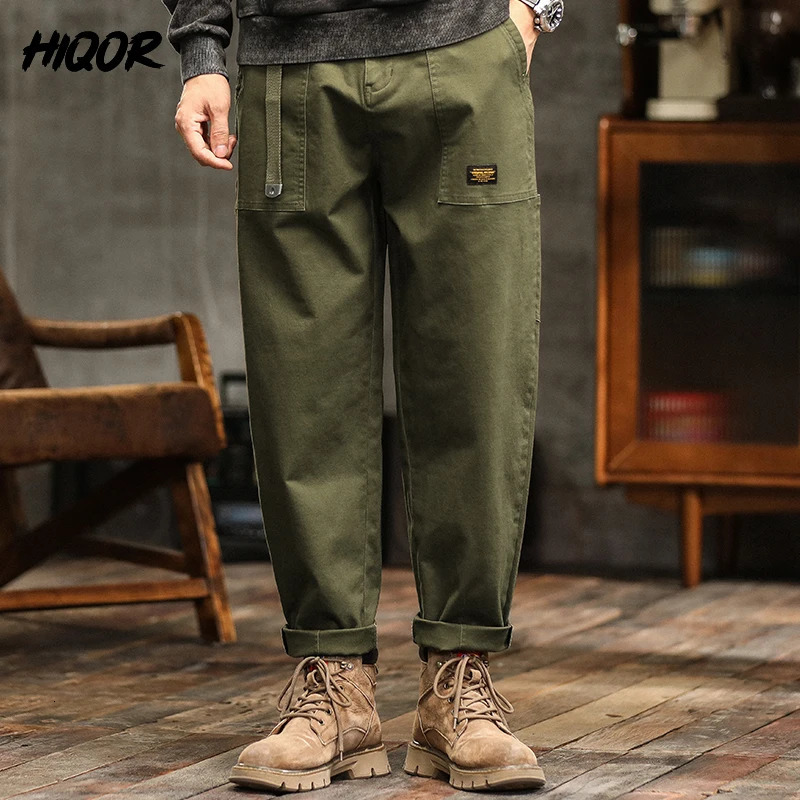 HIQOR Mens Clothing Spring Autumn Cargo Pants Man Cotton Casual Loose Trouser Belt Mid Waist Joggers Male Straight Baggy Pants 260304
