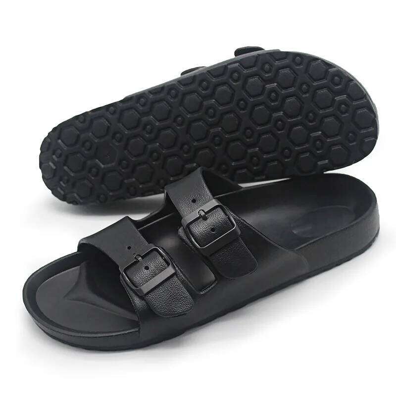 Litfun Women Summer New Fashion Double Buckle Outdoor Non-slip Beach Shoes Soft EVA Sandals Couple Casual House Slides
