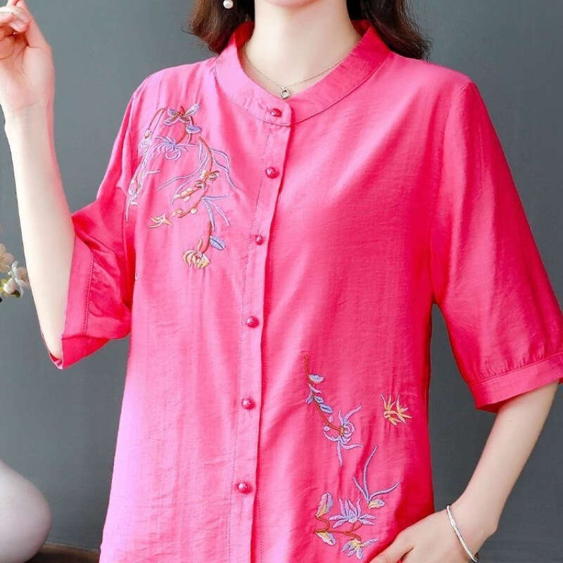 Cotton Linen Embroidered irt ort Sve Women's Summer Faion Loose Fit Versatile Trendy Top for Commute Office, casual loose new Chinese style top