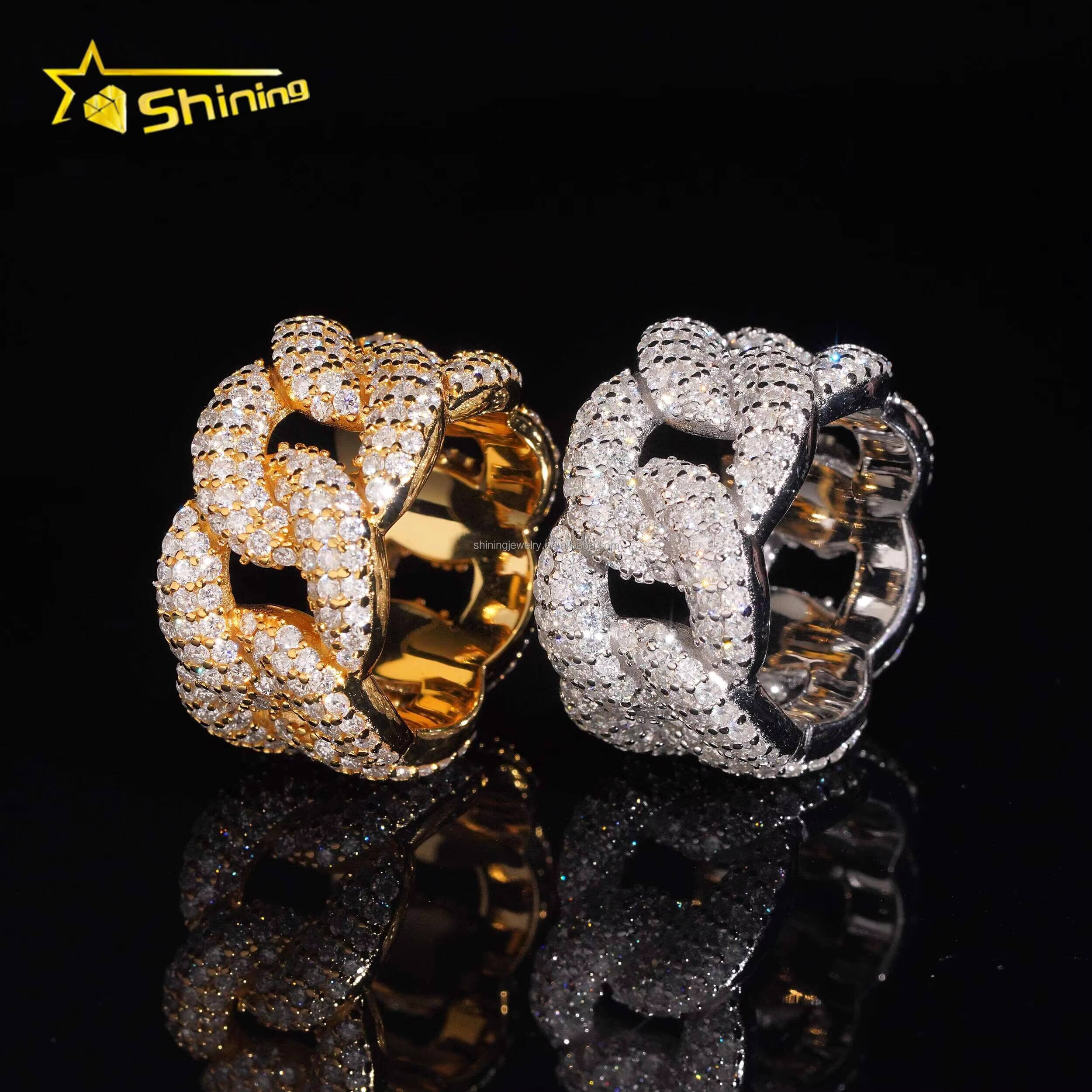 3Row Stones Moon Shape Fire Shining Jewelry Iced Out Man Jewelry Fully 925 Silver FL Moissanite Diamond Miami Cuban Band Ring