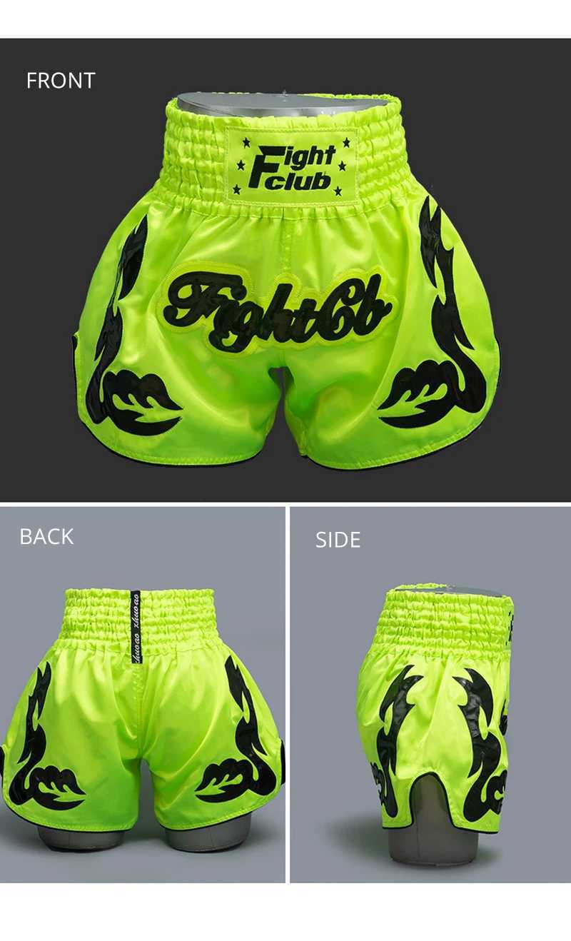 Muay Thai Shorts Fluorescent Green Thai Boxing Shorts Men Women Kids Satin MMA Clothes Fitness Sports Fight Kickboxing Shorts X260306