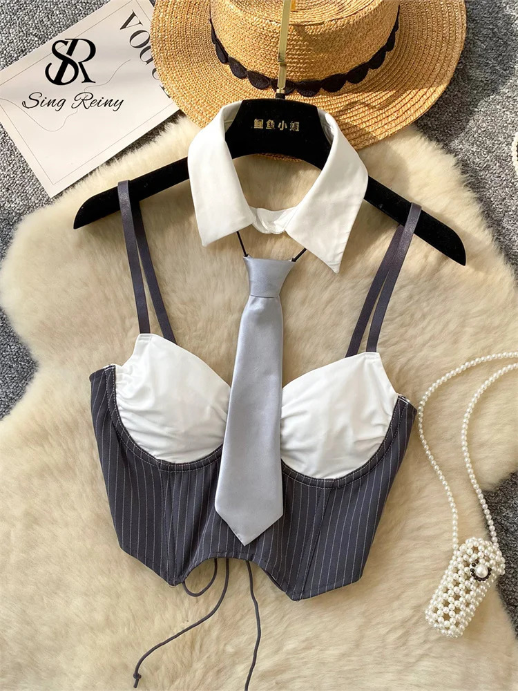SINGREINY Club Sexy Camisole Female Lapel Neck Sleeveless Strap Backless sweet Top Streetwear Patchwork Striped Mini Tank Top 260306