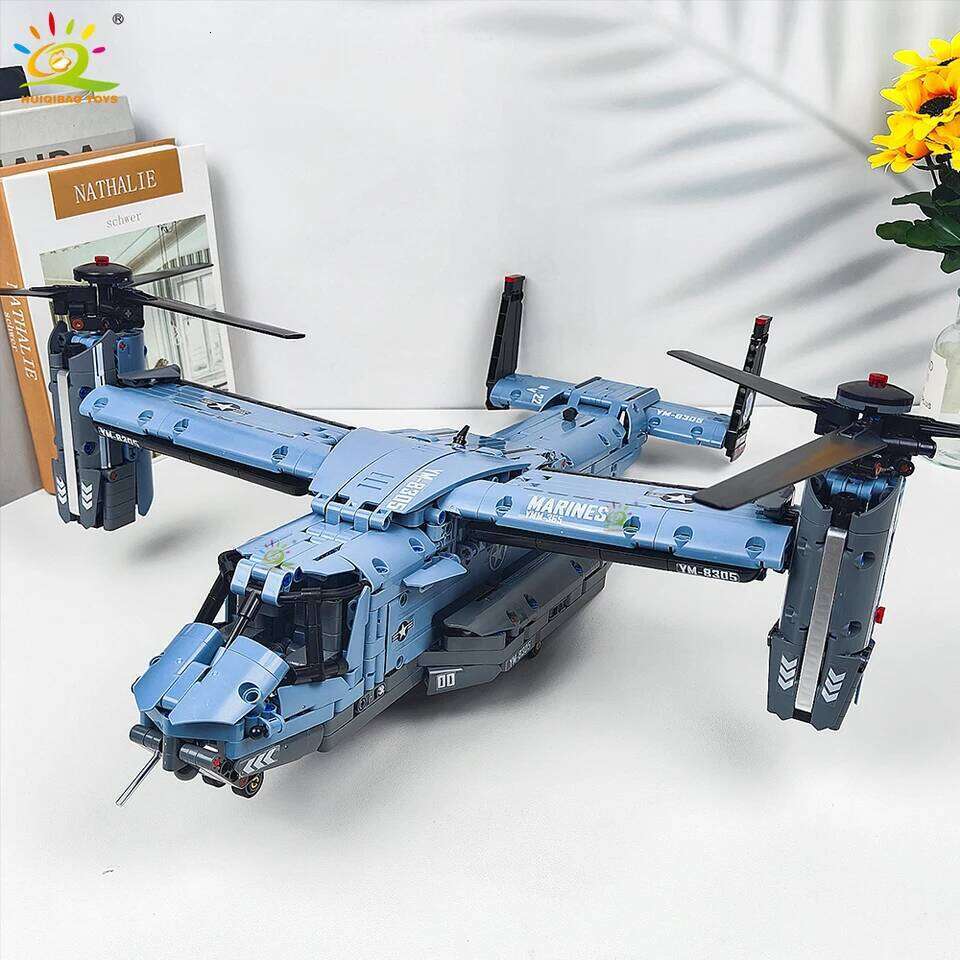 HUIQIBAO MOC 1389PCS V-22 Tiltrotor Aircraft Helicopter Building Block Children Military Airplane model Bricks Toy home Decor. Z260306