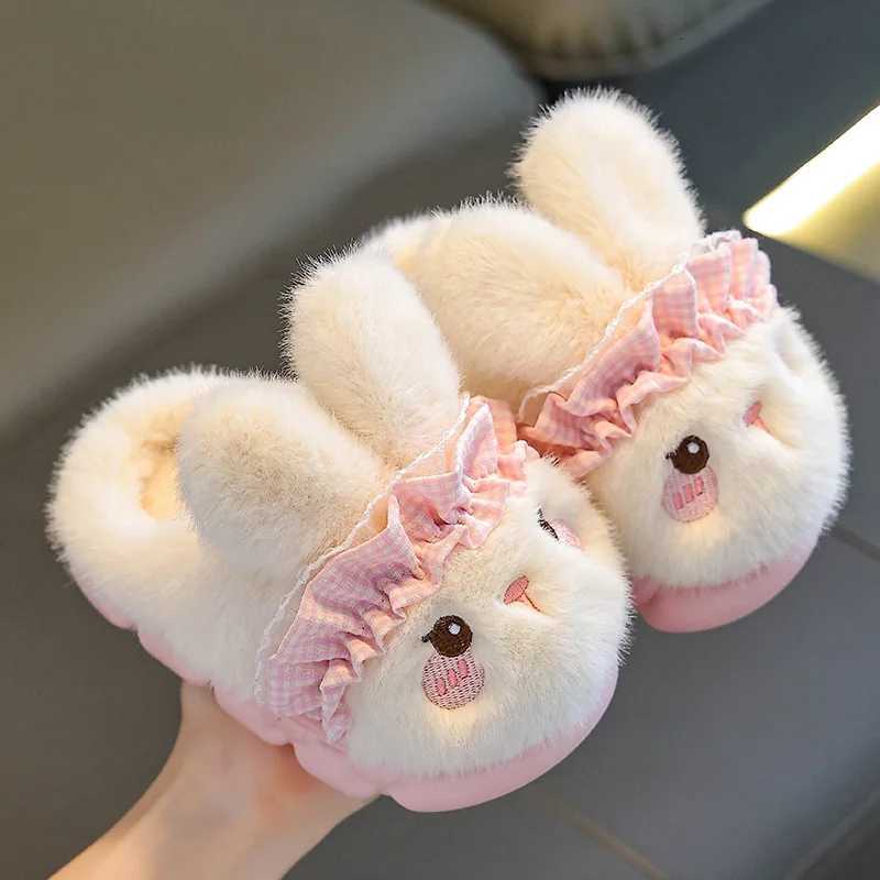 Kids Plush Rabbit Slippers - Winter Closed-Back House Shoes Warm Fleece-Lined Booties for Girls Matching Family Pairs S260305