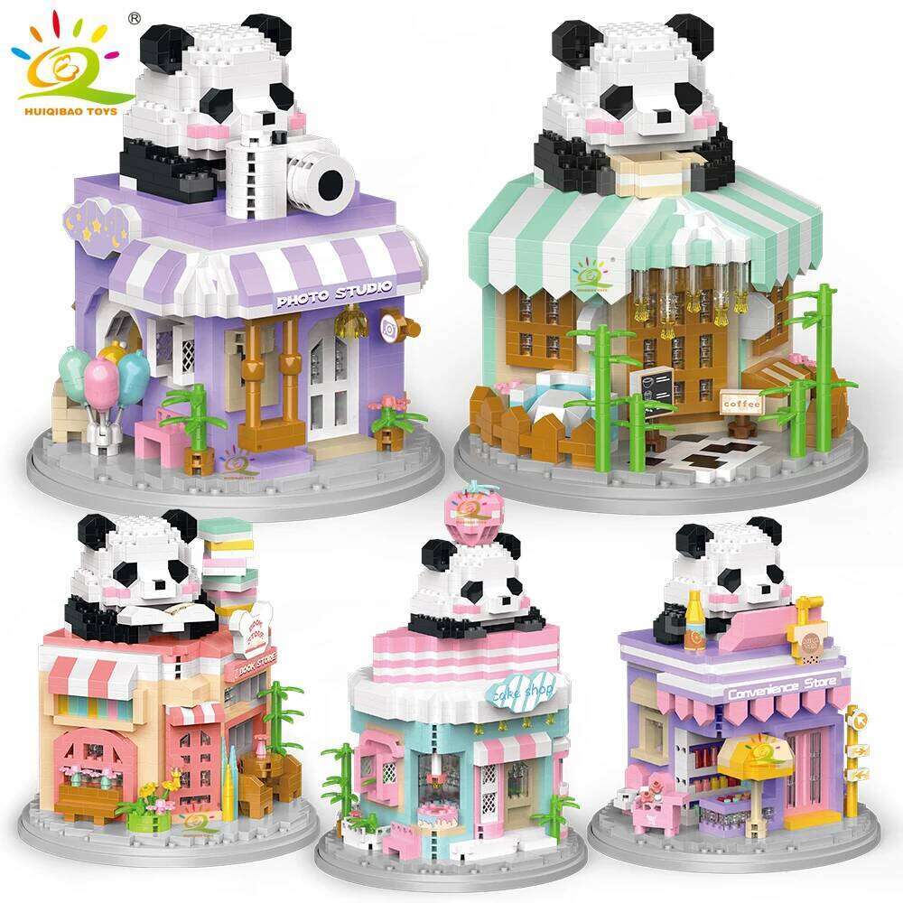 HUIQIBAO Moc Panda View Mini Building Blocks DIY City Street Coffee Shop Model Toys Home Ornaments Decoration Z260306