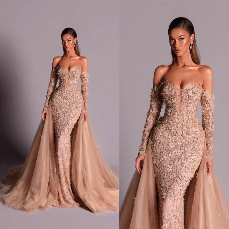 Fashion Sweetheart Lace Prom Dresses Elegant Long Sleeve Sequins Evening Dress Floor Length Party Gown Customized