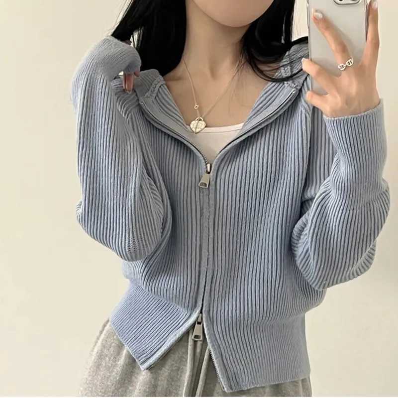 Hooded Knit Cardigan for Women Long Sleeve Fuzzy Zip Up Knit Crop Sweater Jacket Fall Winter Teen-girl Y2K Acubi Outfit M260306