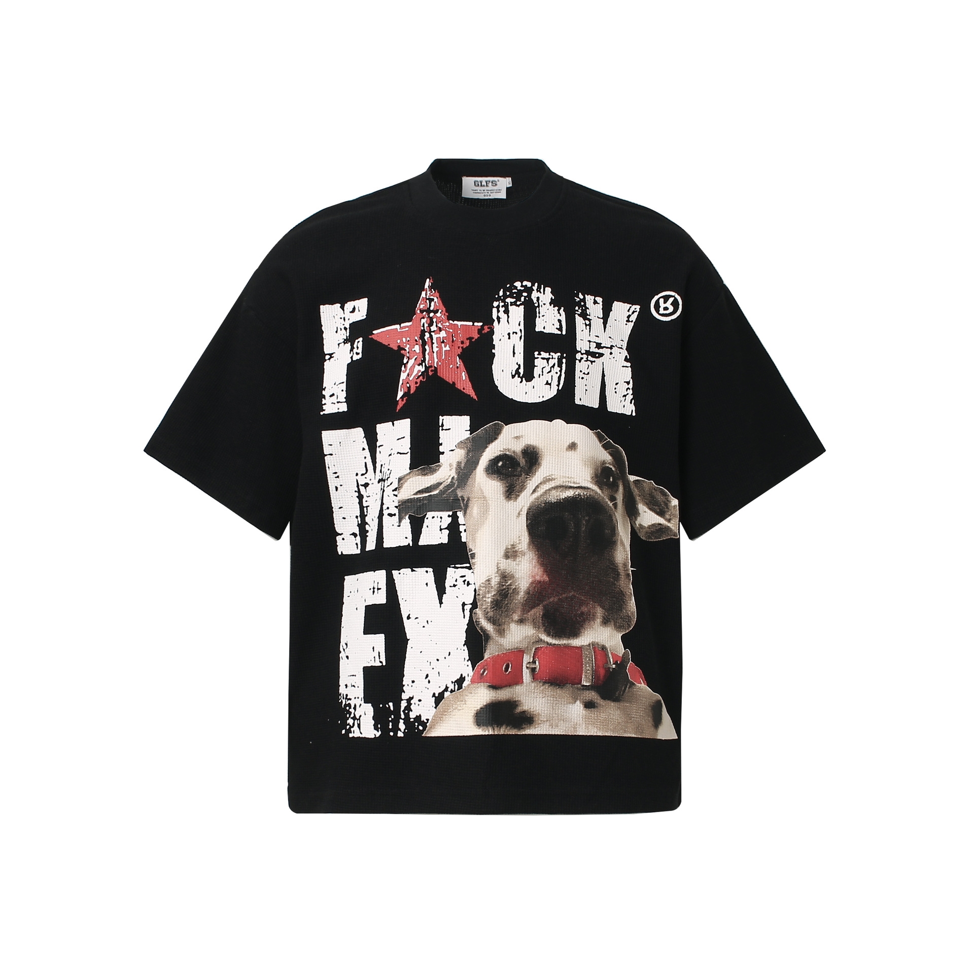 2026 American retro couple street fashion waffle fabric dog design high-street men's loose small crew neck T-shirt