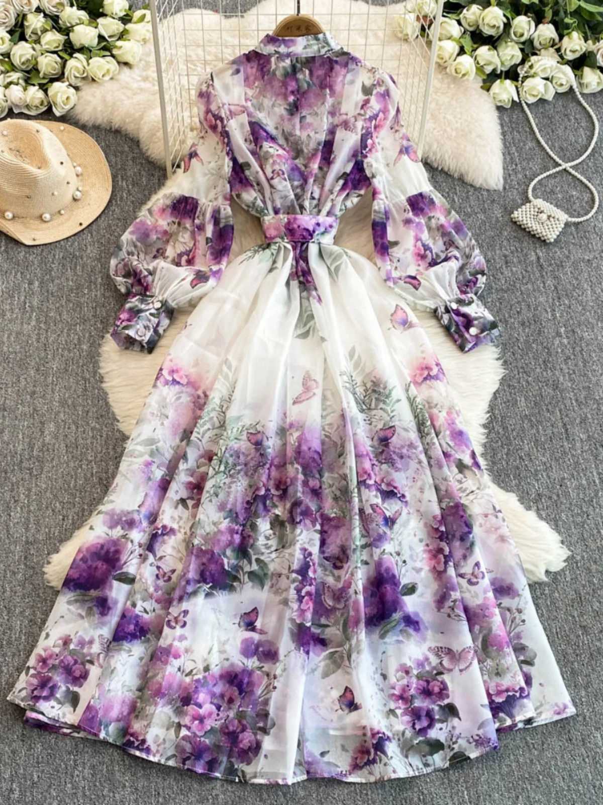 Blossom Series Spring Clothing Women 2025 New Style High-End Printed Slim-Fitting Long French Lantern Sleeve Temperament Dress X260306