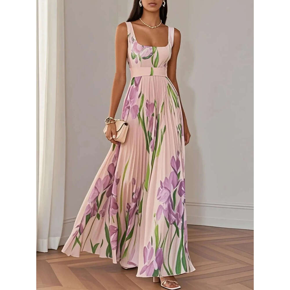 Women's Elegant Summer Maxi Dress Floral Digital Print Pleated Flowy Beach Vacation Party Dress 2026 New Fashion