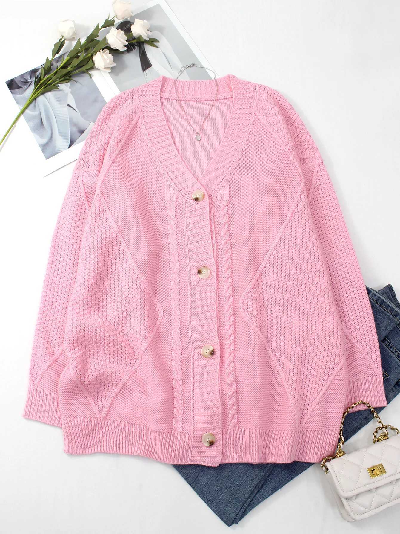 plus Size Pink Single-Button Open Cardigan Sweater for Spring Autumn Suitable Comfortable Soft Colorful Knitwear M260306