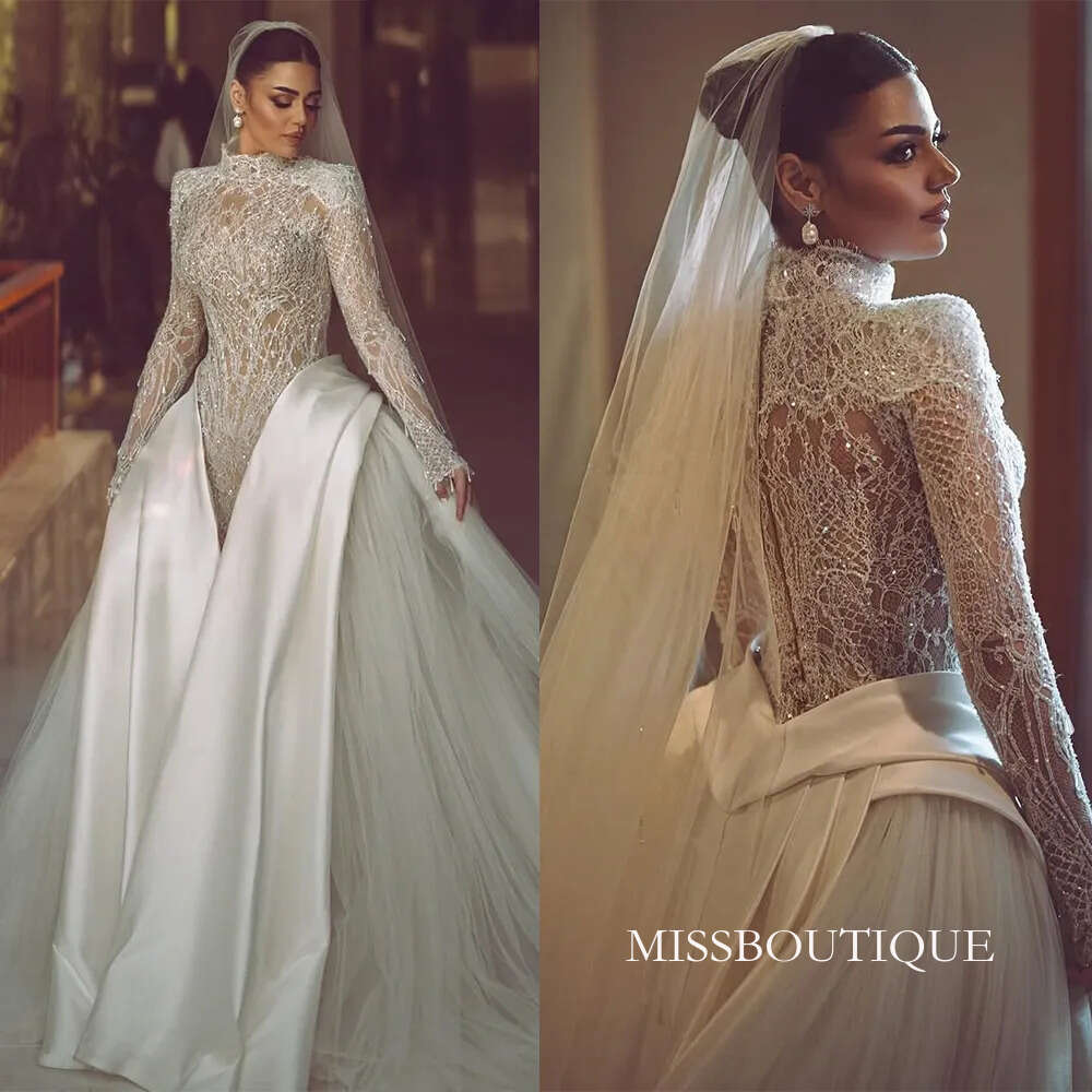 Sexy A Line Women Wedding Sequins Beaded Bridal Gowns High Collar Long Sleeves Detachable Train Dress Custom Made Vestidos De Novia D0306