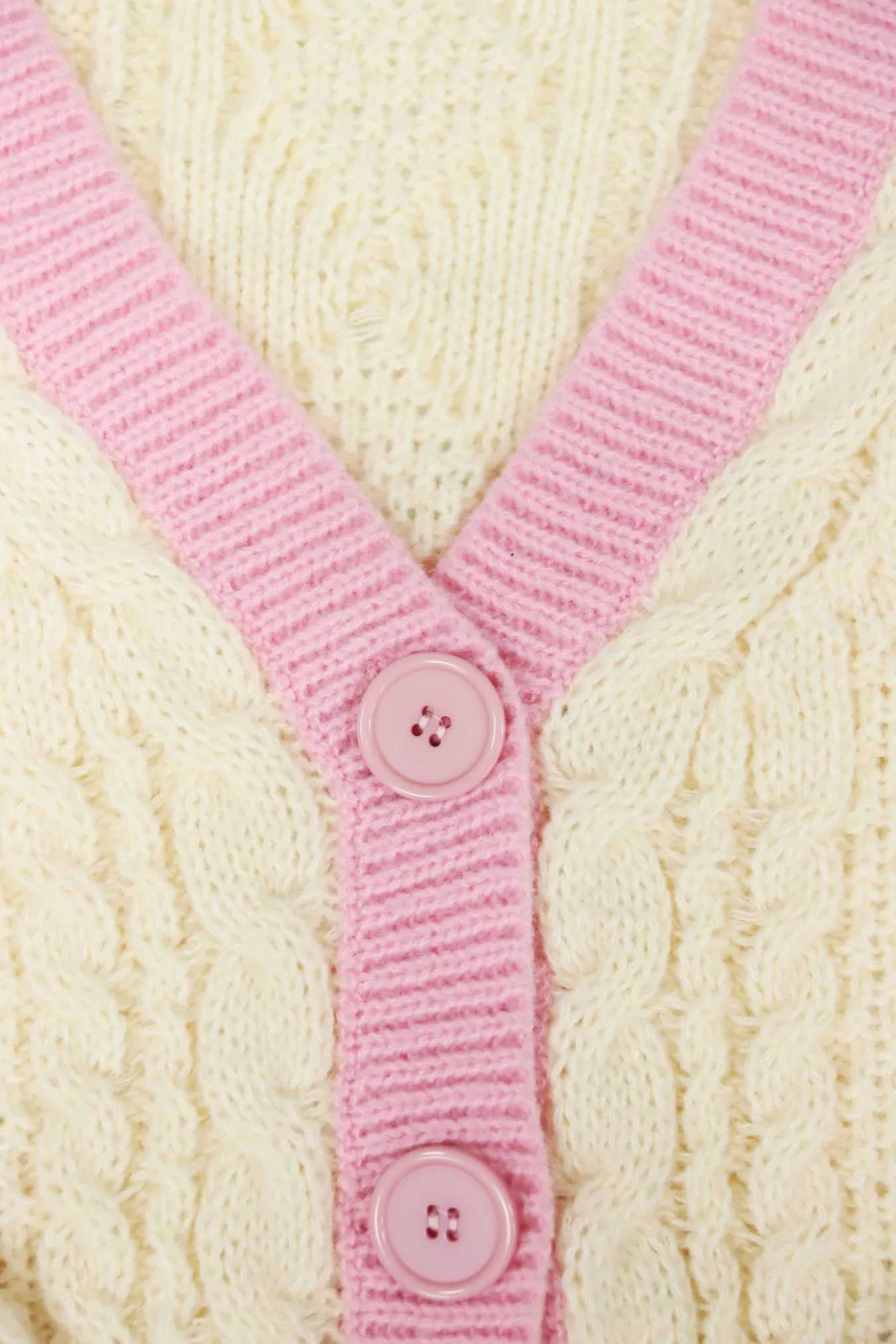 Womens Pink Cable Knit Cardigan V-Neck Contrast Trim Heart Star Pattern Sweater M260306