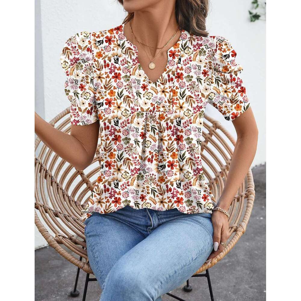 Women's Puff Short Sleeve Shirt V Neck Summer Tops Designer Casual Fashion T Shirts Loose Fit Blouses