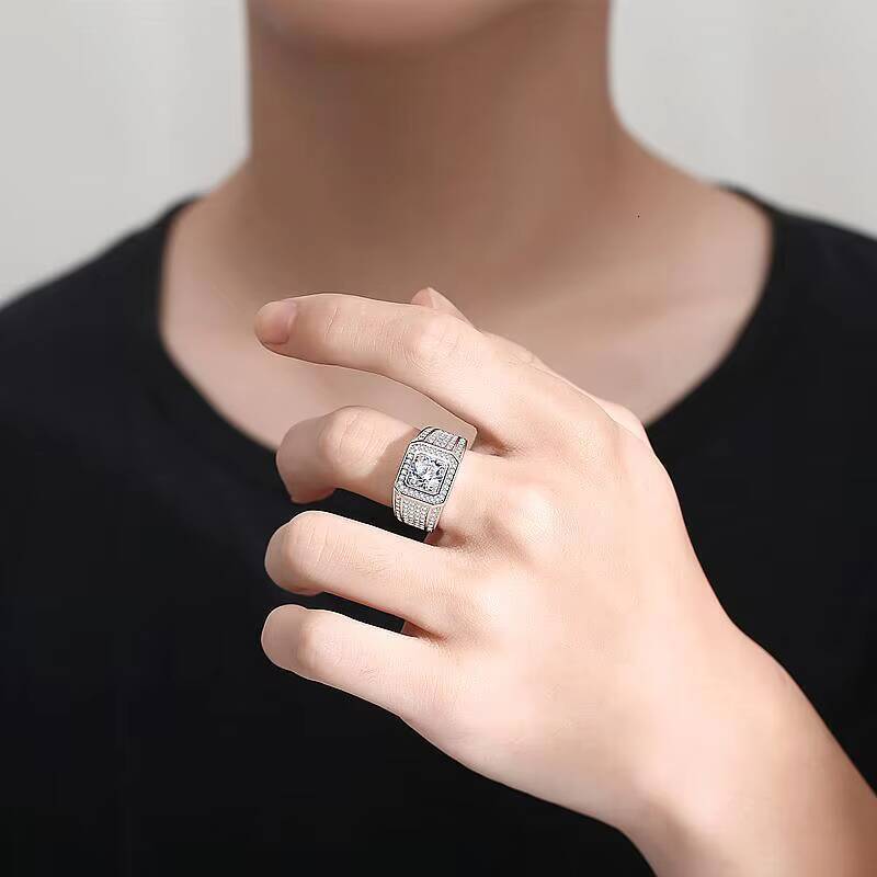 925 Sterling Silver 2 Moissanite Round Brilliant Cut Rhodium Plated Pave Setting Casual/Sporty Wedding Ring for Men