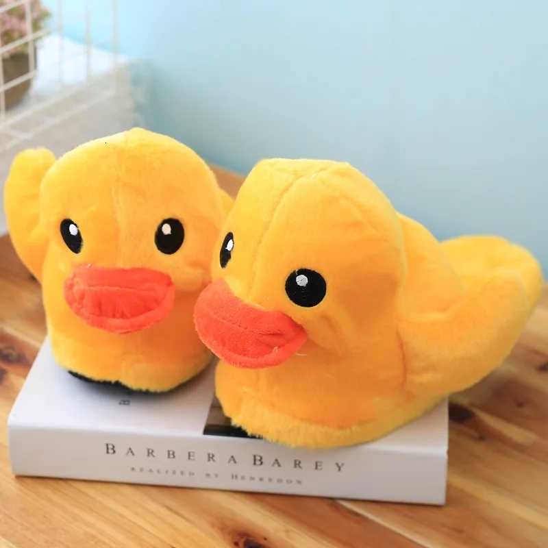 Autumn Winter Cartoon Yellow Duck Fuzzy Slippers Cute Plush Doll Home Bedroom Slides Warm Ankle Wrap Cotton Shoes Indoor Female S260305