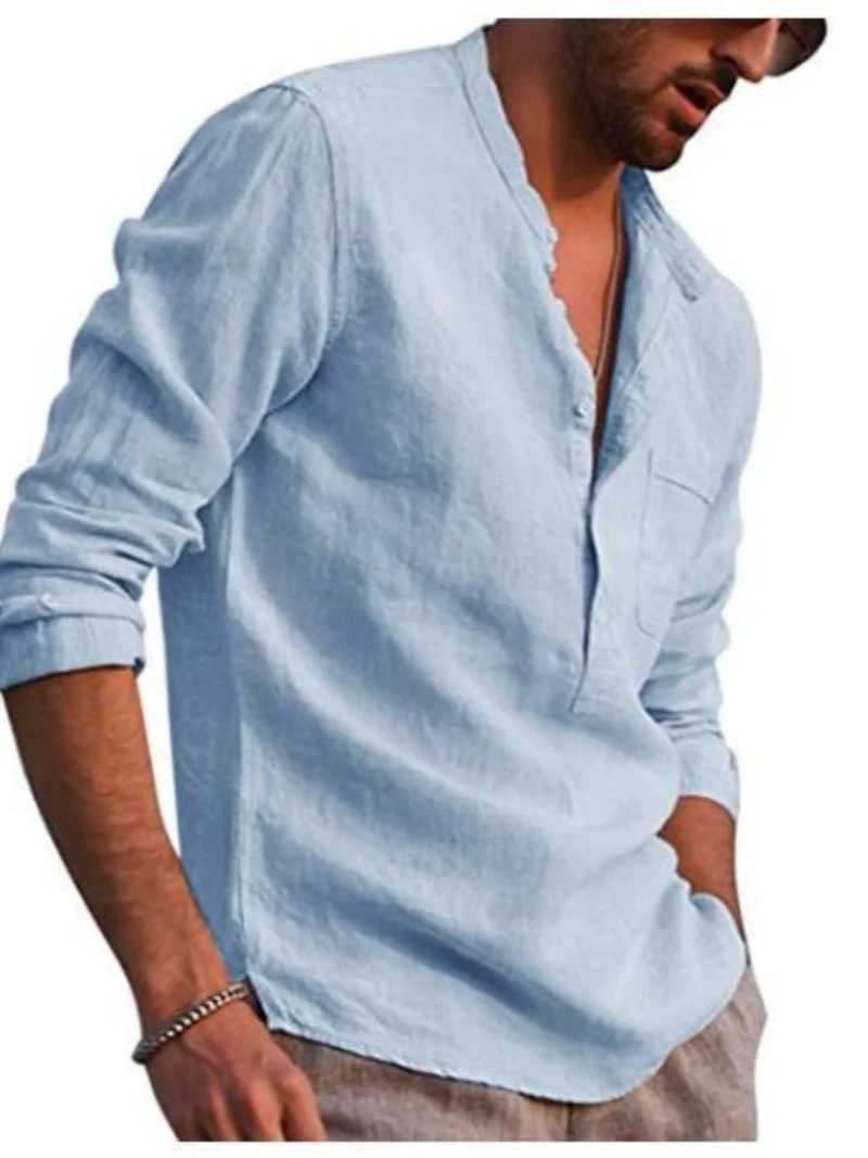 Mens Linen Long Sleeve Shirt - Stand Collar Button-Front Single Chest Pocket Casual Tops for Spring Summer M260305