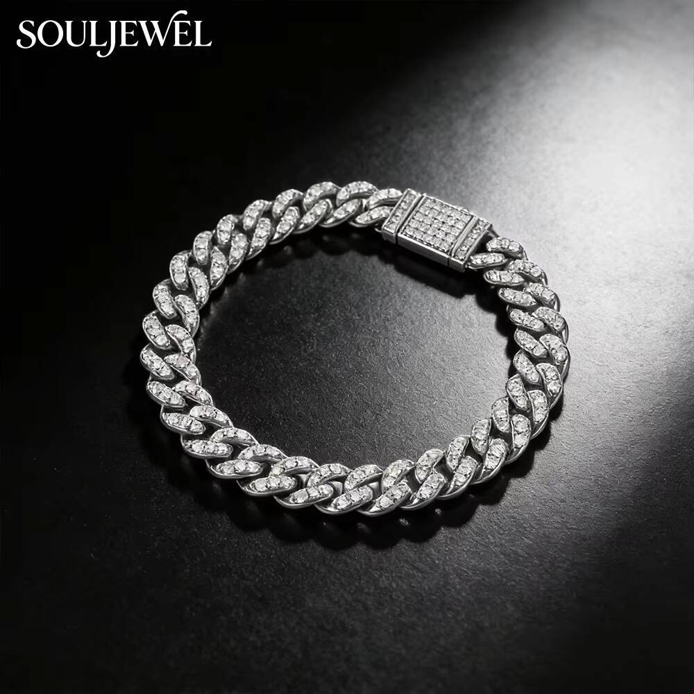 Sterling Silver Rhodium Plated Brilliant Cut Moissanite Claw Set Cuban Chain Link Hip Hop Style Unisex Luxury Everyday Bracelet