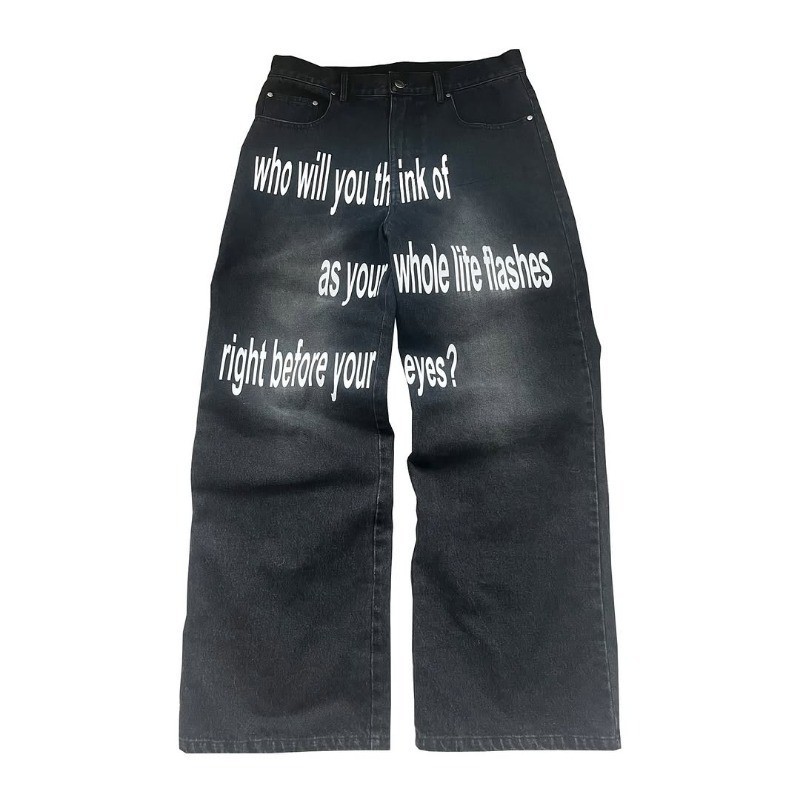 Men's Vintage Letter Printed Jeans Casual American Retro Pattern Alphabet Jeans High Street Fashion Hip Hop Gothic Baggy Wide Leg Pants