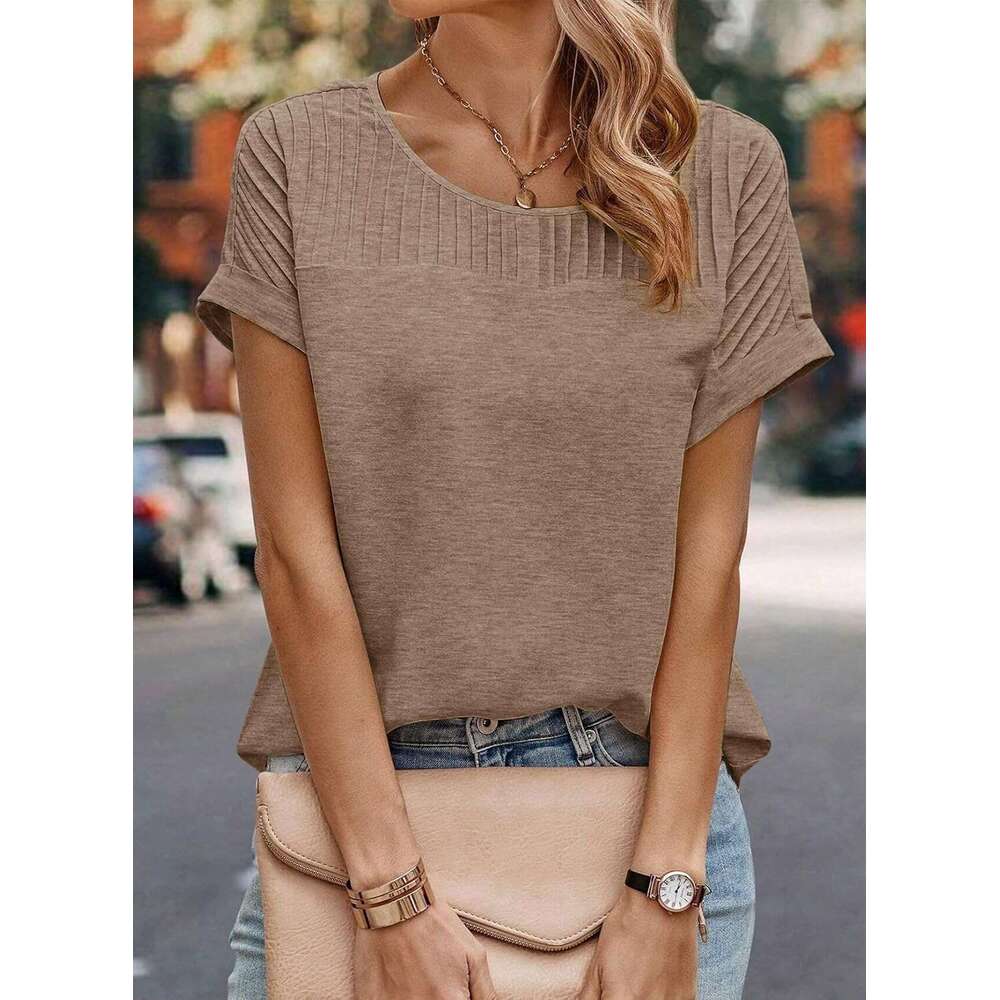 Womens Tops Trendy Crewneck Short Sleeve Summer T Shirts Casual Solid Loose Basic Designer Pleated Blouses