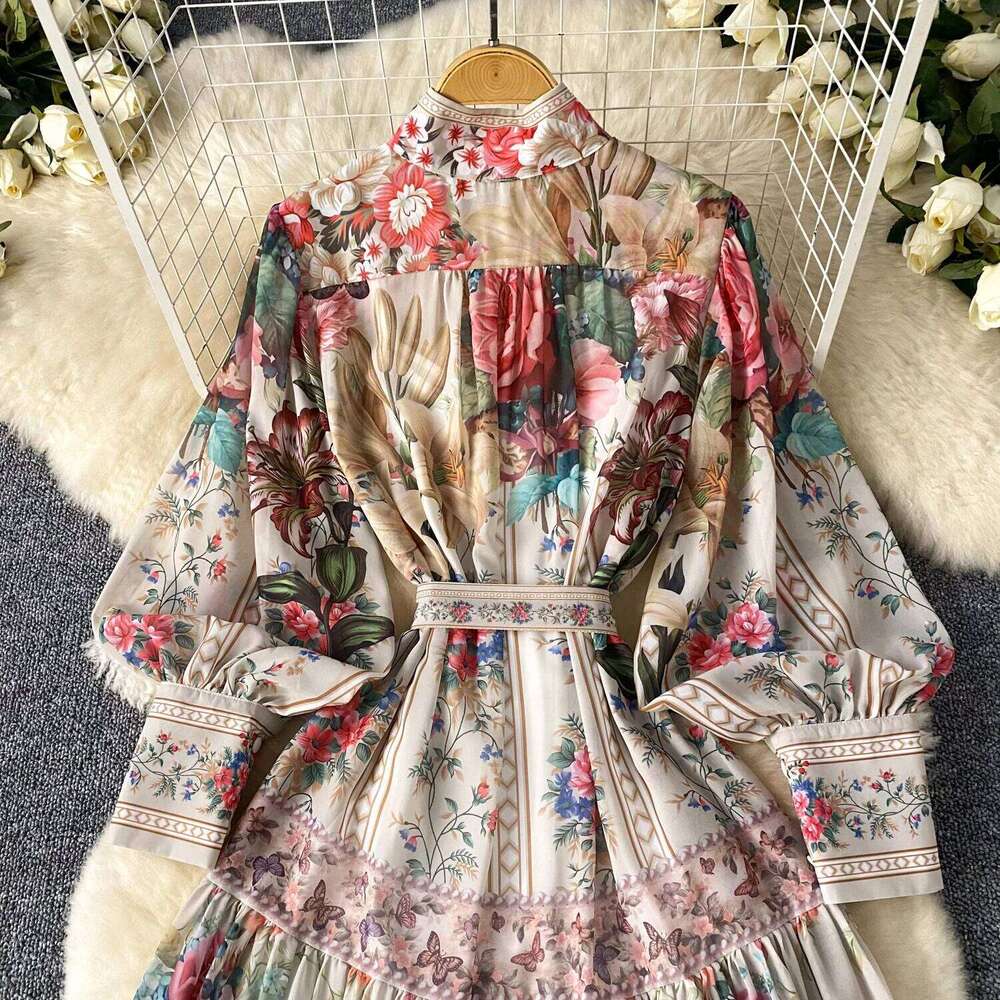 Summer Autumn Floral Print Maxi Dress Shirt Women Long Sleeve Single Breasted A Line Palace Design Loose Printing Party Vestidos Mdng260306