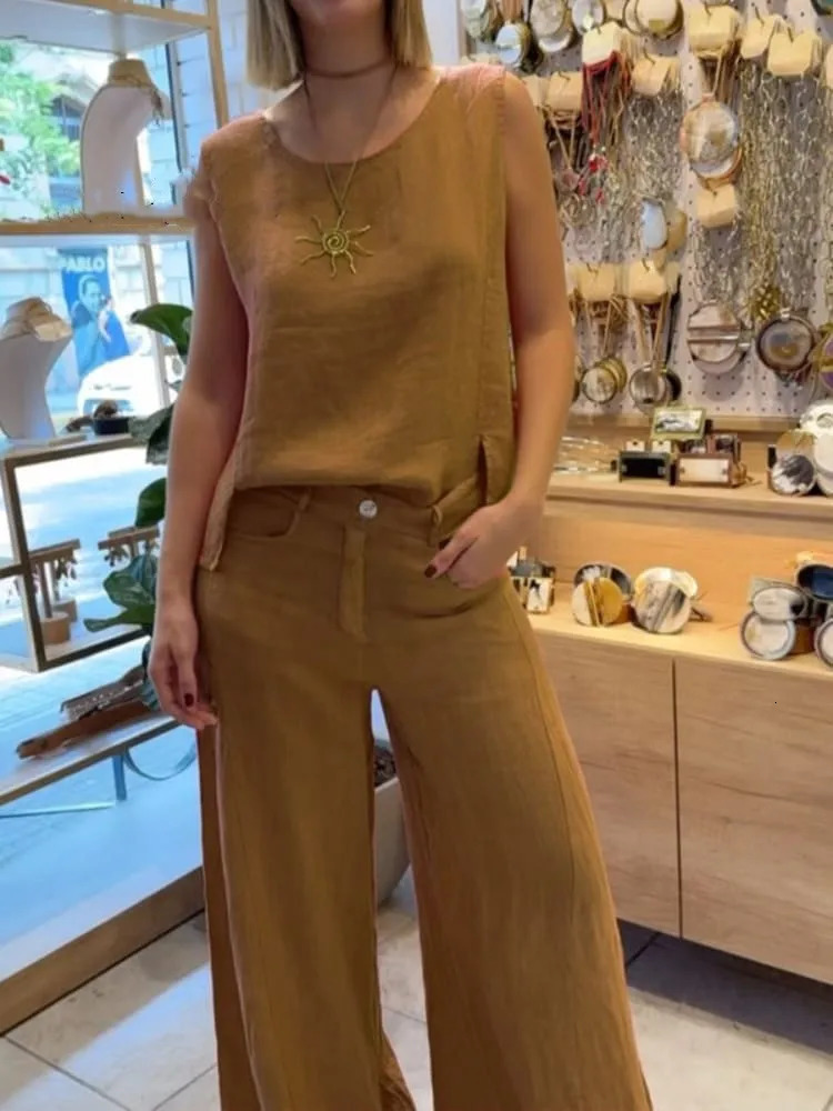 Summer Fashion Womens Commuting Style Cotton and Hemp Two Piece Set Round Neck Sleeveless Top Wide Leg Pants Set 260305
