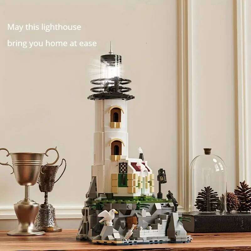 1092PCS Electric Building Blocks Fisherman's Hut Glowing Lighthouse Assembly Bricks Desktop Ornaments Kids Toys Gifts Z260305
