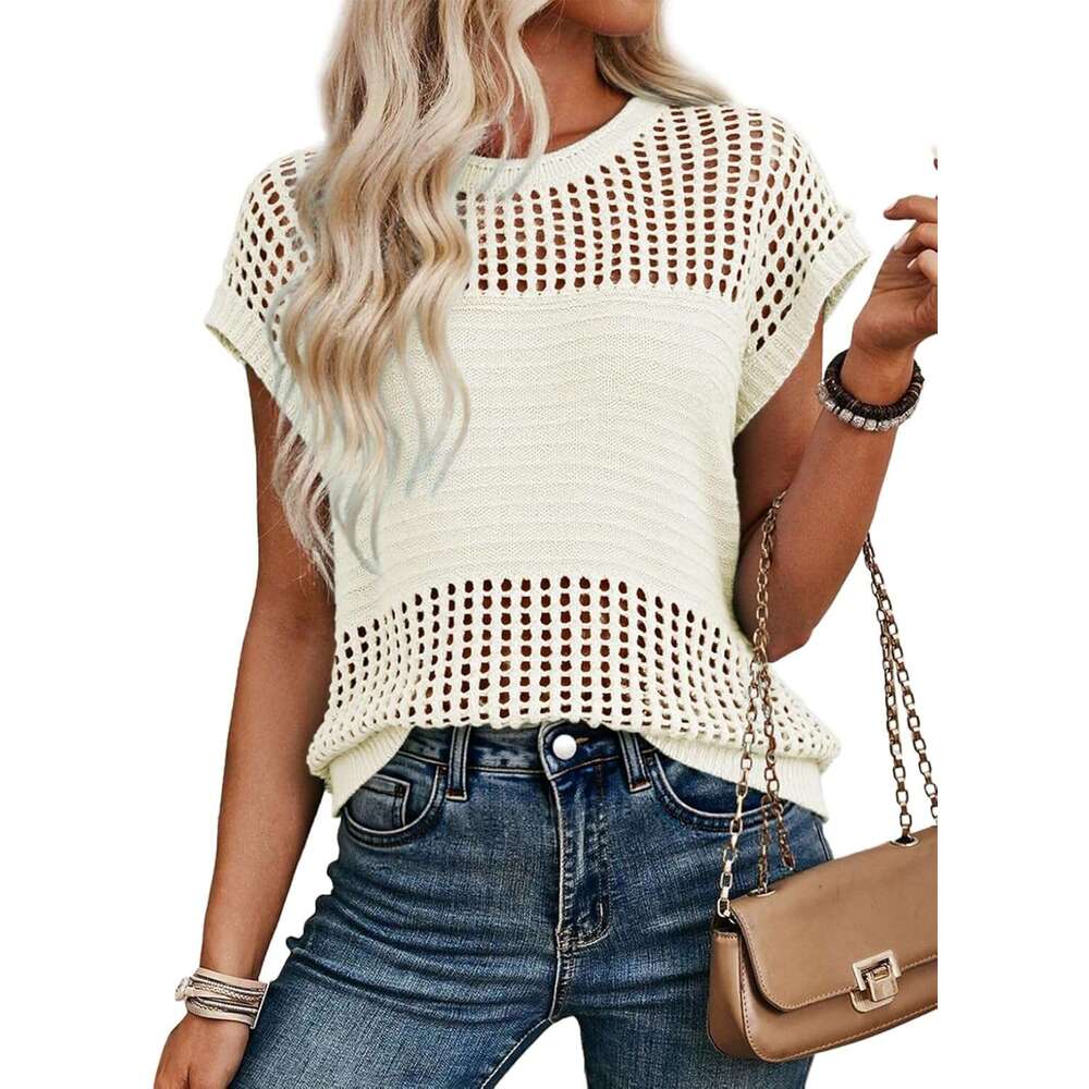 Designer Womens Tops Casual Summer Cap Short Sleeve Crochet Hollow Out Knit Sweater Vest Pullover T-Shirts Beach Coverup