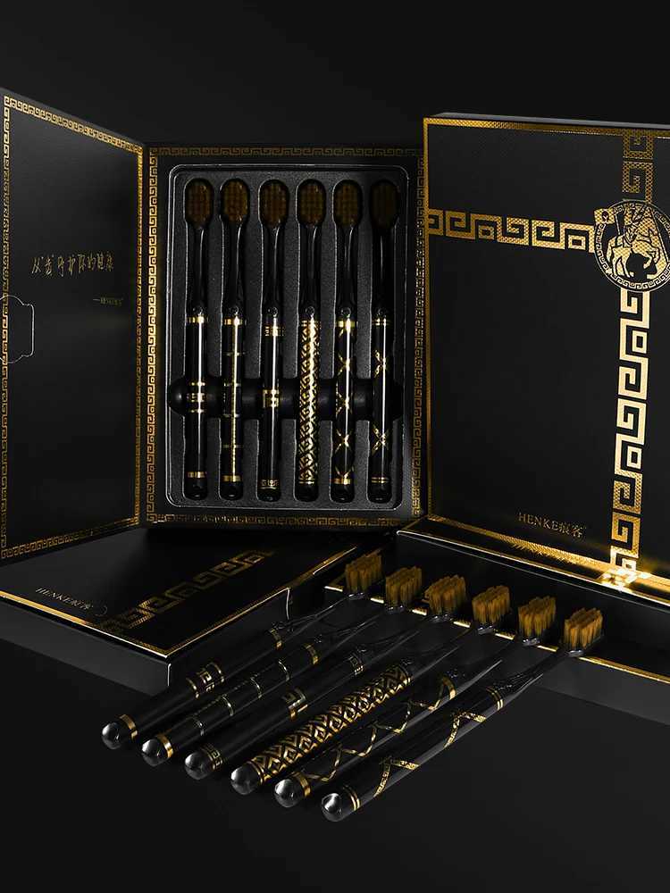 This 6-piece gift box set of black and gold toothbrushes features printed handles and soft bristles, making it ideal for adults, couples, home use, an