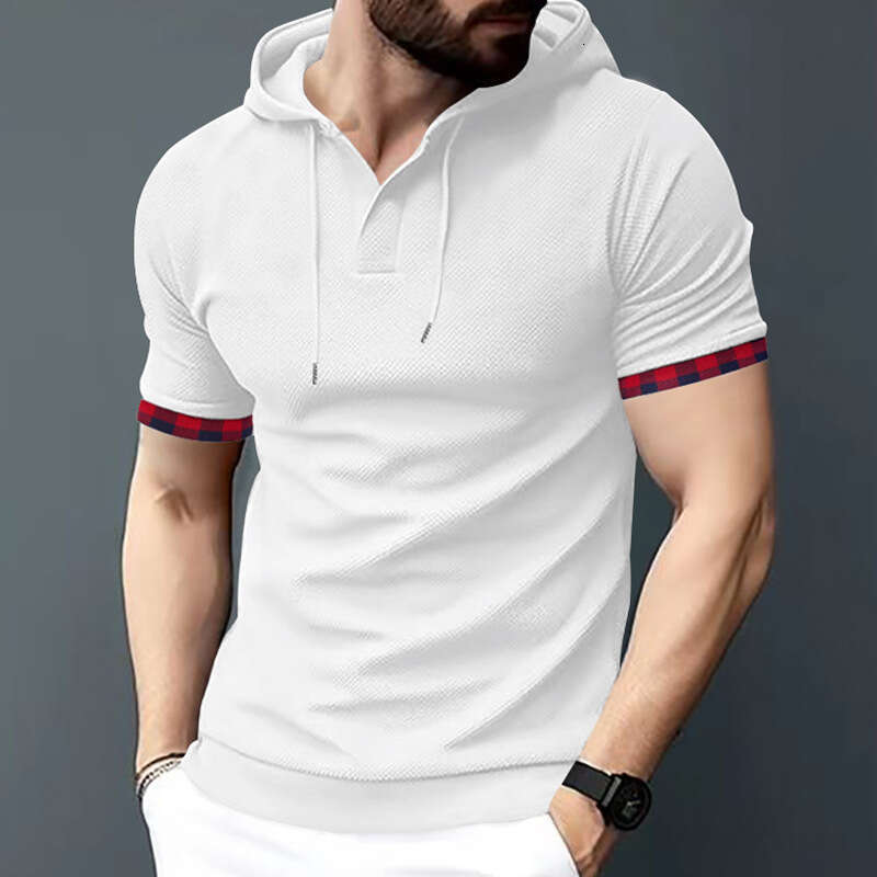 Men's Plaid Cuff Spliced Hooded T-shirt Casual Henley Neck Short Sleeve Tee Top
