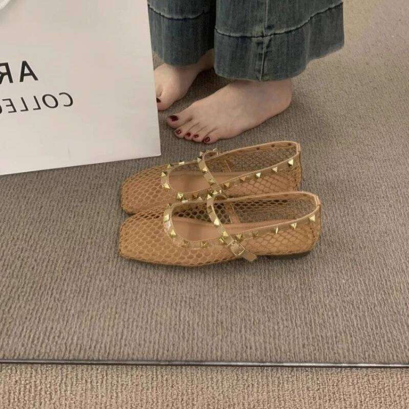 Summer Rhinestone Mesh Hollow Sandals Women Flats Shallow 2025 New Mary Jane Comfort Luxury Female Flat Shoes