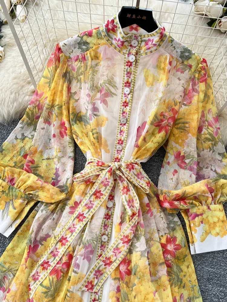 Spring France Elegant Vintage High End Evening Dress Women Sashes Print Button Long Party Dress Female Casual Holiday Clothing X260306