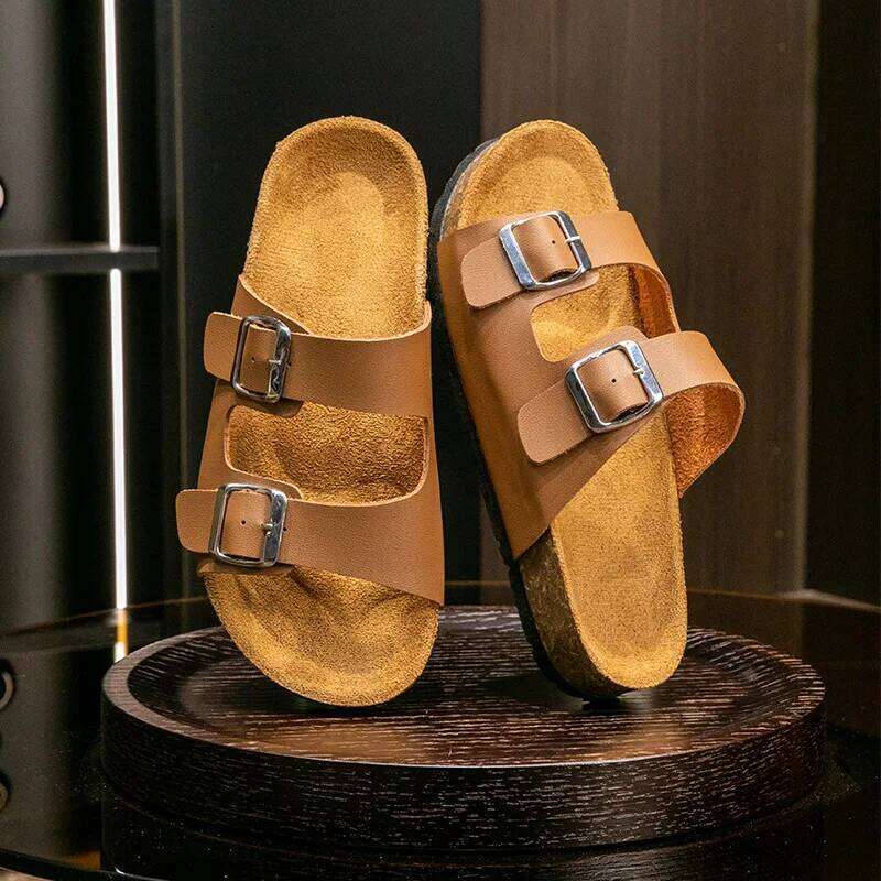 Classic Cork Slippers For Women New Fashion Suede Flats Sandals Summer Couple Beach Slides Shoes With Adjustable Buckle