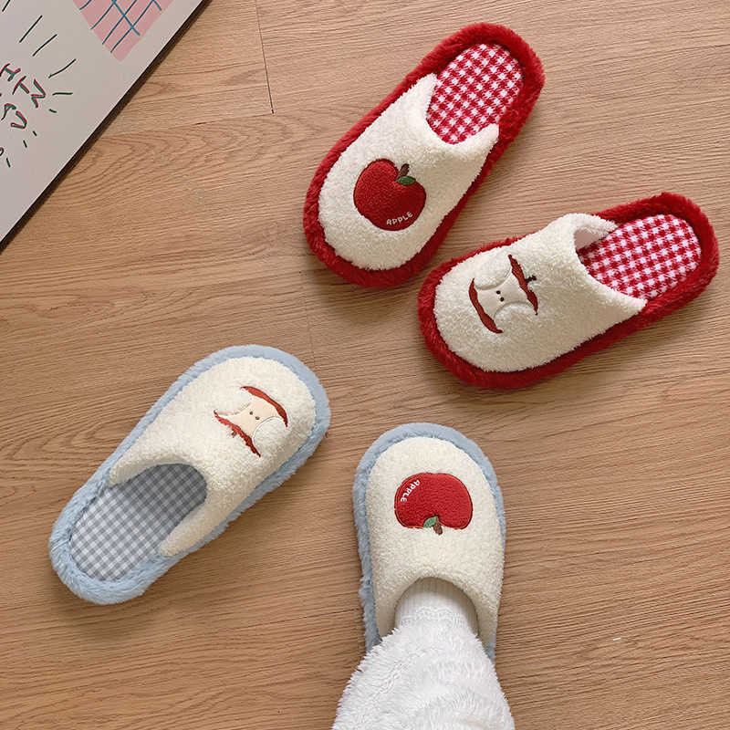 Cute Red Apple Cotton Slippers for Women Winter Girly Fuzzy Shoes Home Floor Non-Slip Maternity Shoes S260305