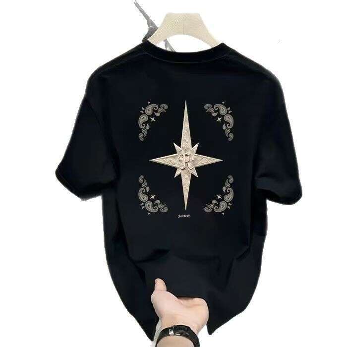 Men's pure cotton 2025 round neck t-shirt, ins half-sleeve top, men's clothing, new gold star short-sleeve shirt