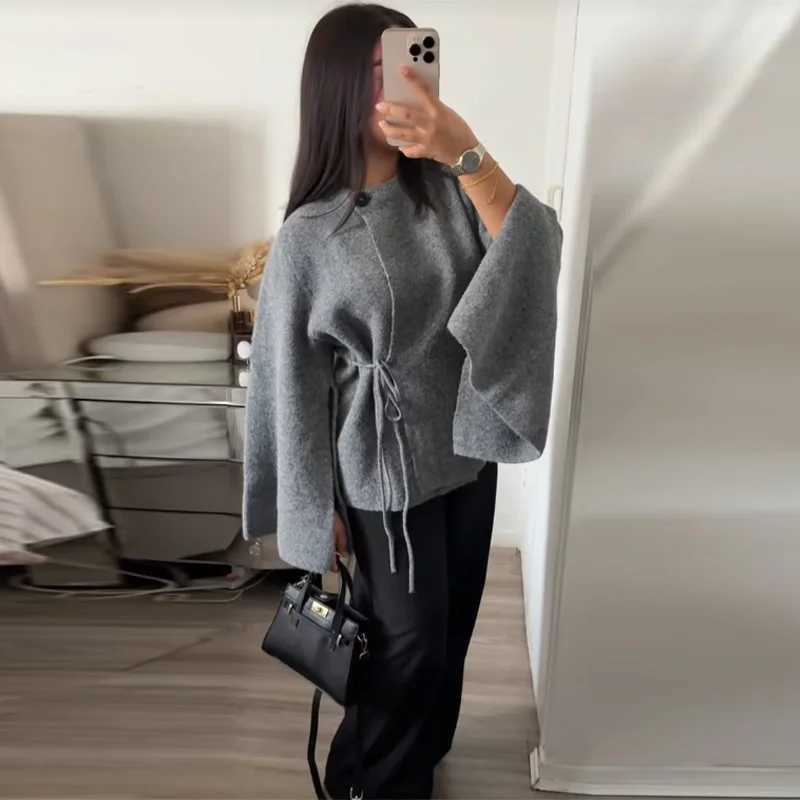 Casual Solid Womens Cardigan Lace Up Loose Knitwear Chic Spliting Batwing Sleeve Knitted Sweaters 2025 New Autumn Lady Knit Top M260306