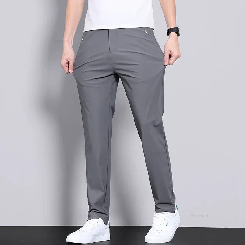 Ultra-thin Elastic Mens Casual Trousers Summer Quick-drying Ice Silk Slim Straight Business Solid Color Trousers Black Gray 260304