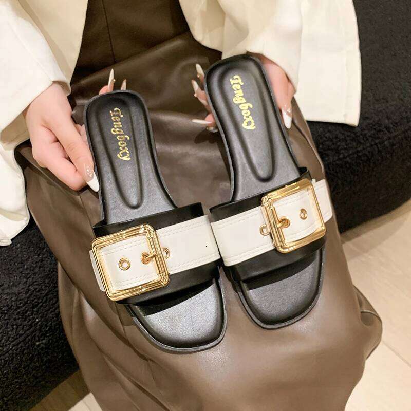 2025 Summer New Fashionable One Word Buckle Design Women's Comfortable Non slip Slippers Casual Flat Heeled Sandals