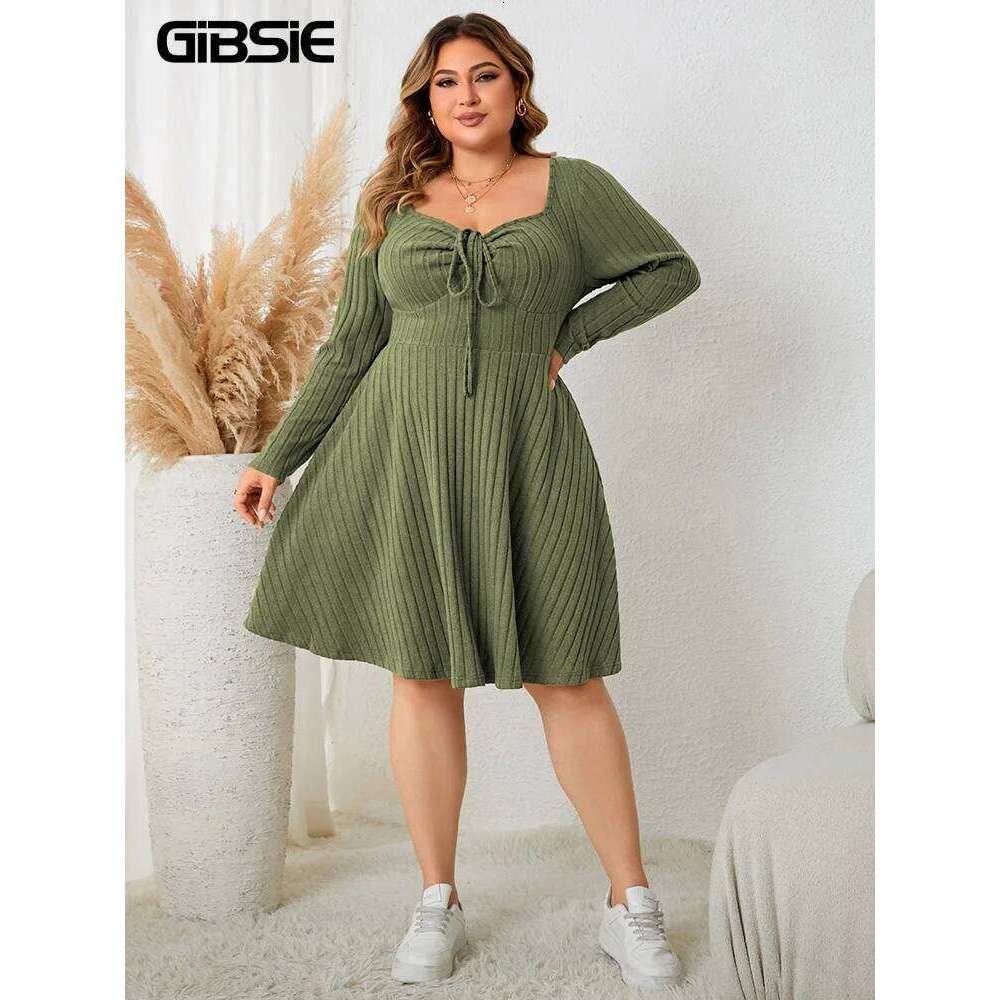 GIBSIE Plus Size Sweettheart Neck Knot Front A-Line Dress Women Fall New Vintage Long Sleeve Ribbed Knit Casual Winter Dresses
