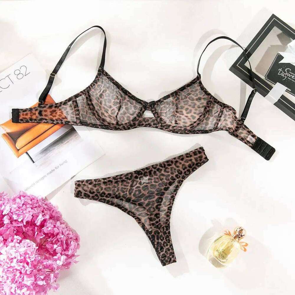 Seamless Leopard Printed Underwire Bra and Panty Set Women Underwear Lace See Through Push Up Sexy Lingerie Outfit