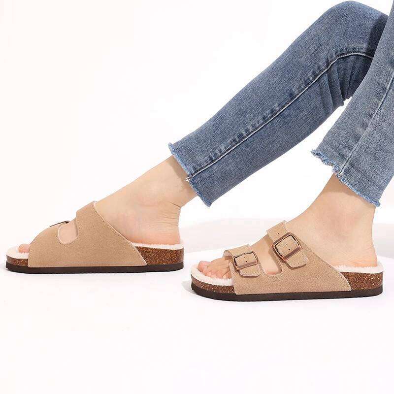 Litfun New Women's Winter Slippers Thick Sole Cork Footed Ladies Slides Fur Lining Warm Sandals With Adjustable Double Buckle
