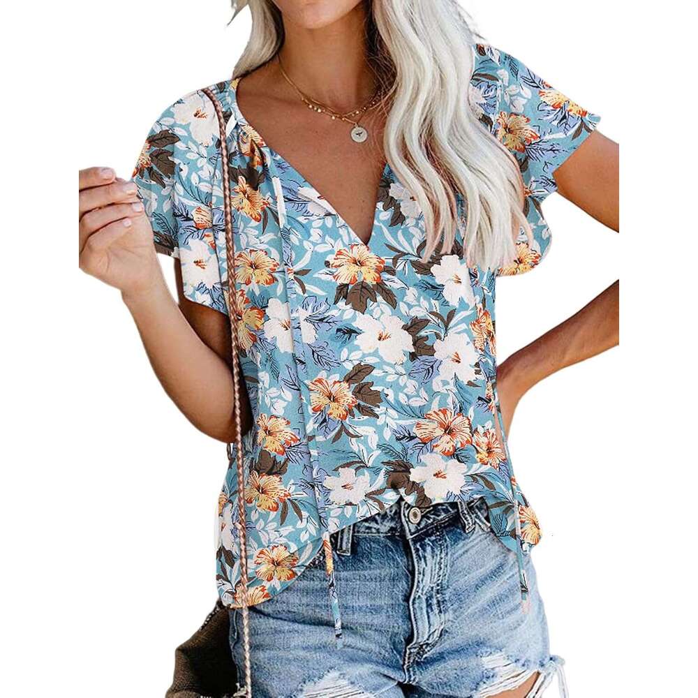 Women's Boho Tops Floral V Designer Neck Short Sleeve Summer Blouse Shirts