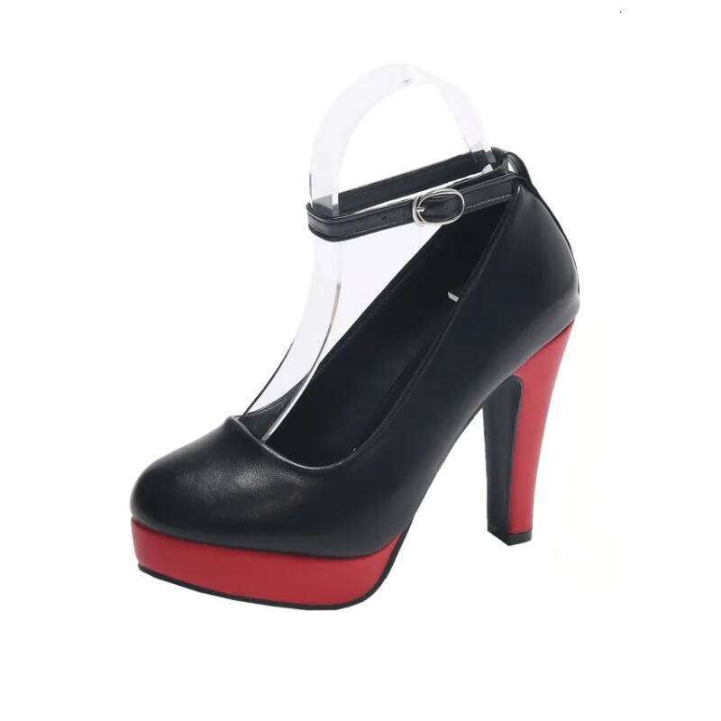 Large Size 42 Sexy Super High Heels for Women Ankle Buckle Chunky Platform Pumps Woman Black Flock Square Heel Party Shoes