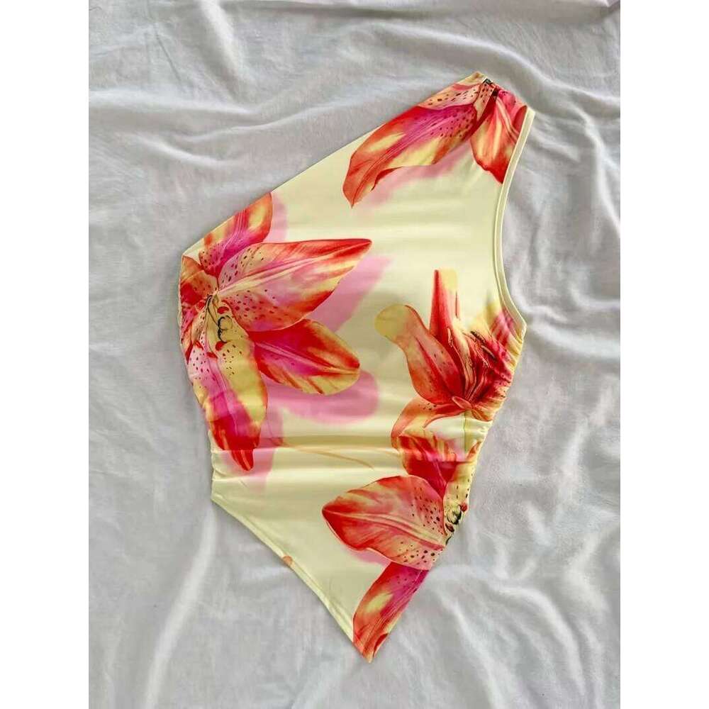 Short top, women's red printed one shoulder asymmetrical - sleeveless, ruffled hem, summer fashion top