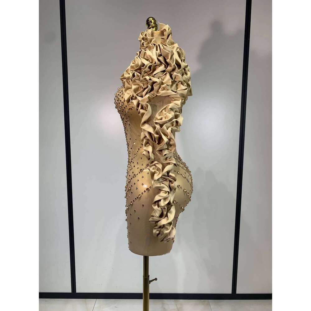 Women Sexy Long Sleeve Gold Rhinestone Bodycon Mini Dress Birthday Party Costume Bar Nightclub Singer Stage Performance Outfit