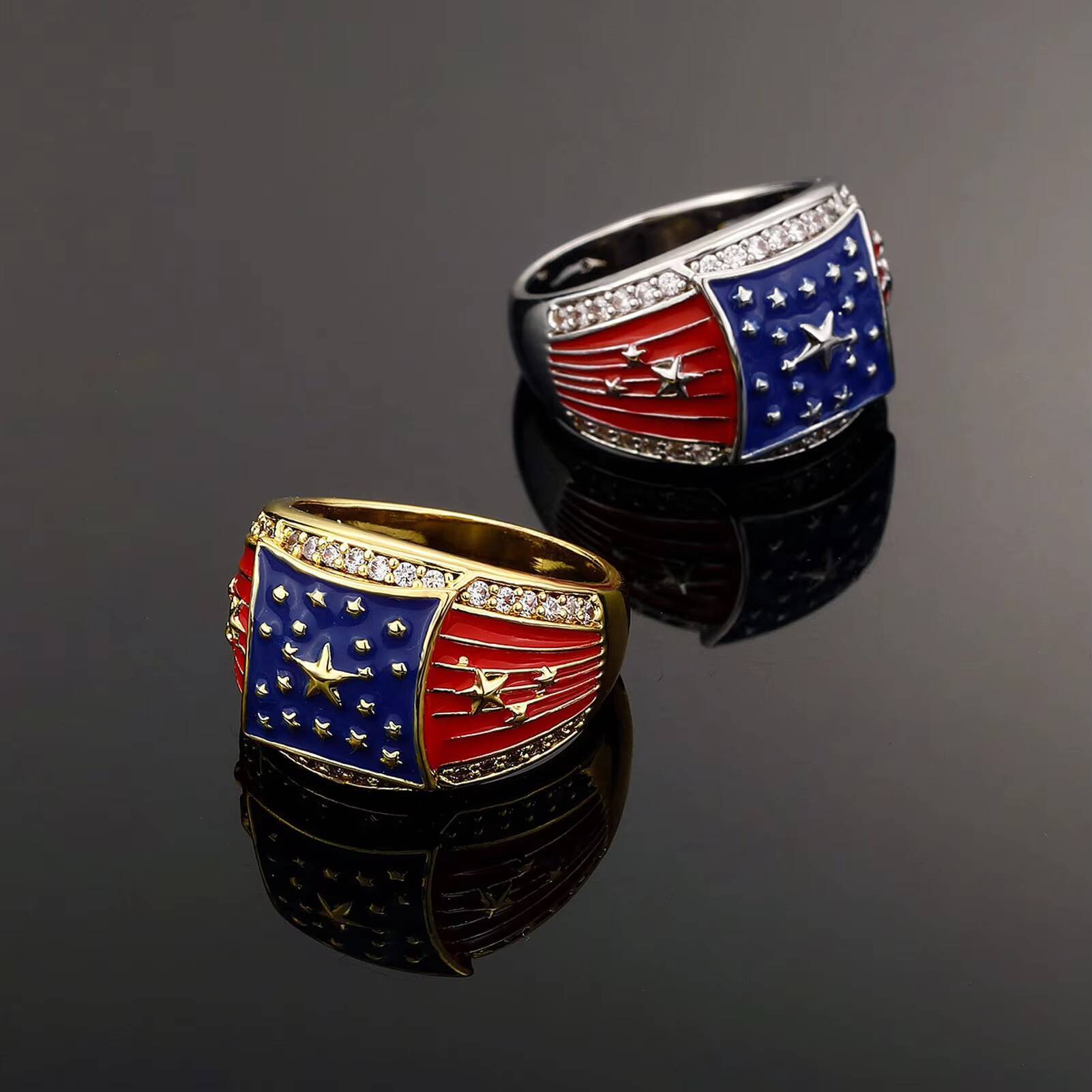 Wholesale Trendy Dripping Oil American Flag Style Rings Iced Out Cubic Zircon Ethnic Jewelry Silver Gold Color USA Flag Men Ring