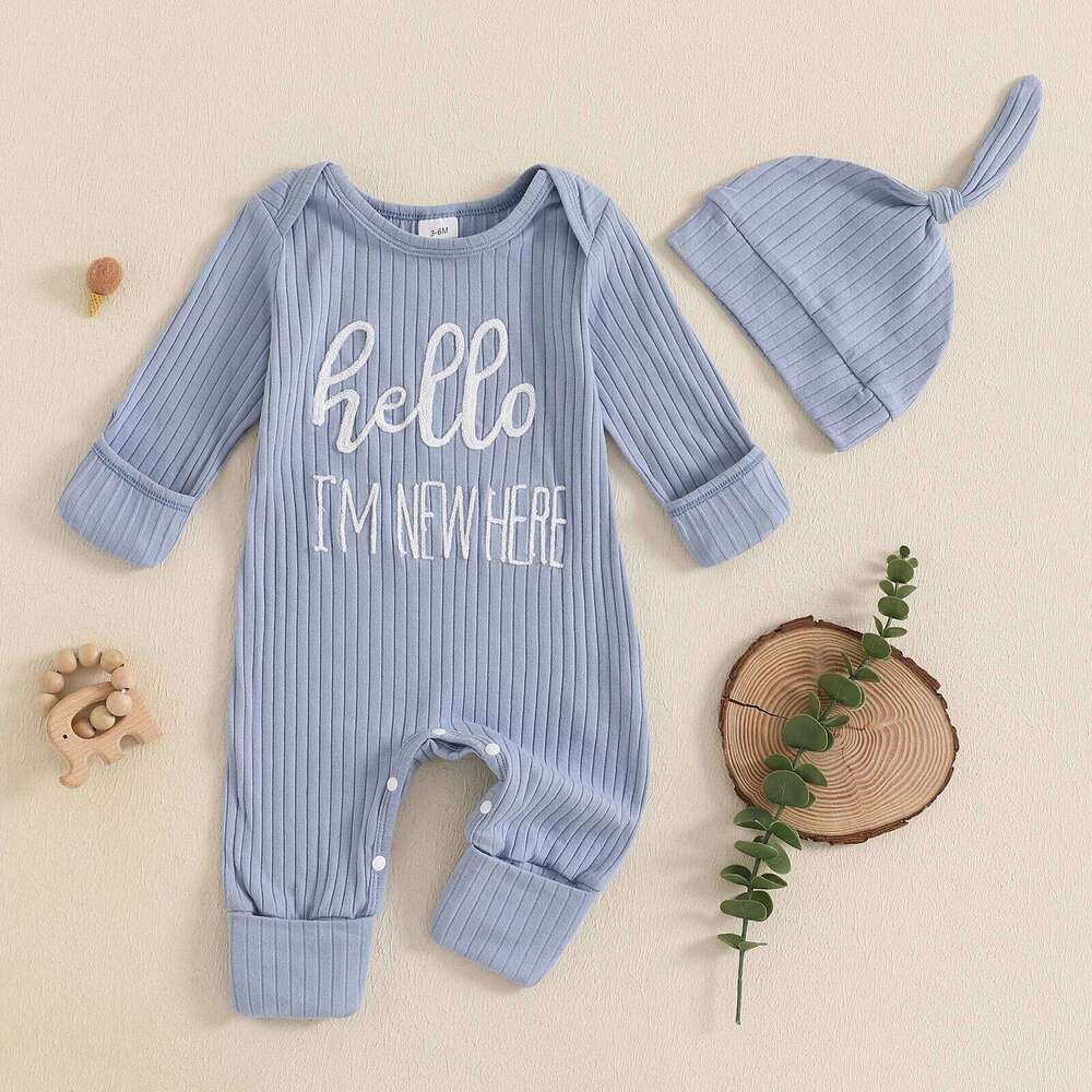 Newborn Baby Boy Fall Clothes Casual Letter Embroidery Long Sleeve Ribbed Romper Jumpsuit and Hat 2Pieces Set for Infants Z260306