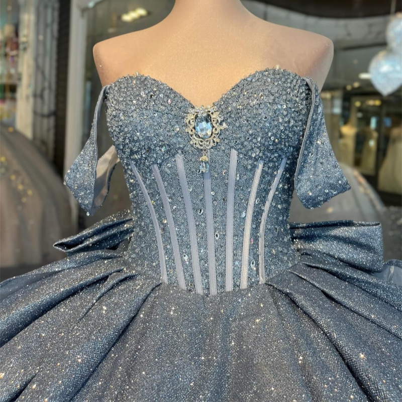 Aqua Blue Shiny Quinceanera Dresses Ball Gown Off The Shoulder Beading Crystal Bow Corset Party Birthday Sweet 16 Dress Vestidos 15 De Anos
