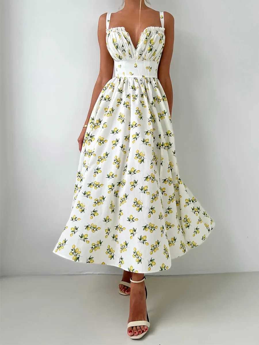 Wolfeel 2025 Summer New Fashion Print Cami Dress Women High Waist Slit Maxi Dress Elegant Vacation Long Dress X260306
