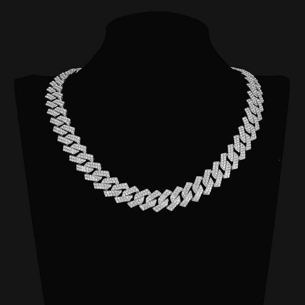 Cross-border bestseller Cuban chain 15mm diamond-shaped mirror-finish metal alloy necklace with diamonds for men and women, high-quality